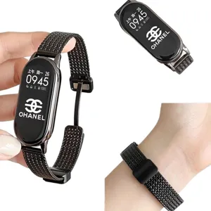 Replacement metal mesh magnetic strap for Xiaomi smart band, stylish black wheat design.
