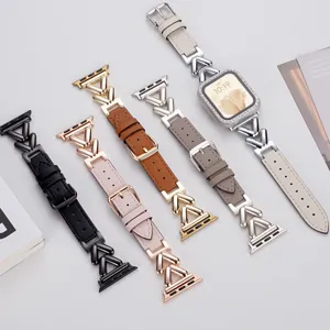 Detail view of leather and metal V-link Apple Watch band, compatible with various series.