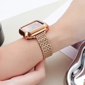 Stainless steel metal watch band with rhinestone case for Apple Watch, rose gold finish.