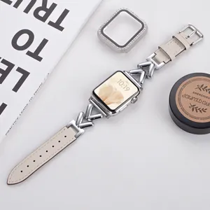Detailed view of luxury leather metal V-link strap and crystal bumper case for Apple Watch.