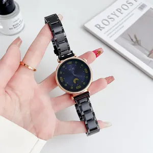 Women's metal watch strap replacement, compatible with smart watches, black and rose gold.