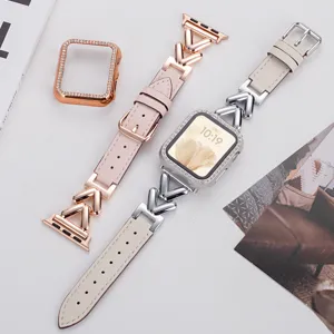 Elegant metal and leather watch strap with rhinestone case compatible with Apple Watch women style.