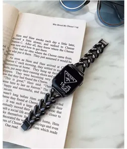 Metal chain watch band compatible with Apple Watch, stylish black metal link strap for women.