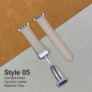 Beige genuine leather watch strap detail, soft texture and magnetic clasp for smart watch.