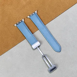 Detail view of the premium leather magnetic strap compatible with Apple Watch, stylish blue.