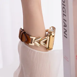 Leather and metal V-link replacement strap for Apple Watch detail view, elegant women's design.