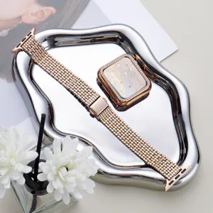 Stainless steel mesh watch strap and rhinestone case set for apple watch rose gold luxury style