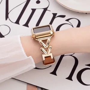 Replacement metal V-link leather watch band compatible with Apple Watch luxury style