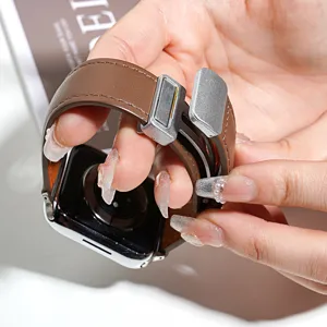 Genuine leather magnetic loop watch strap replacement compatible with Apple watch series SE 8 7 9.