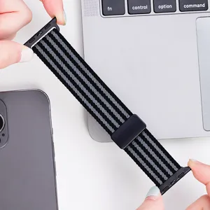 Cinturino per orologio in nylon intrecciato compatibile Apple Watch, righe nero grigio, fibbia.