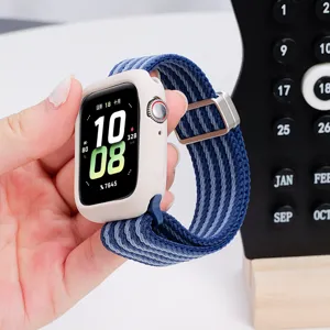 Cinturino per orologio in nylon intrecciato e custodia protettiva per Apple Watch, a righe blu.