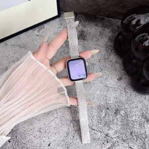 Stainless steel metal mesh watch strap detail view, slim design compatible with smartwatches.