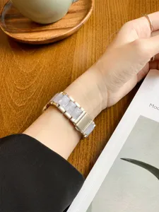 Vista detallada de correa de reloj de metal resina, compatible con Apple Watch, diseño elegante.