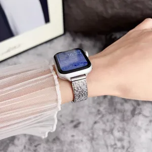 Stainless steel mesh watch band compatible with Apple Watch, elegant slim replacement strap.