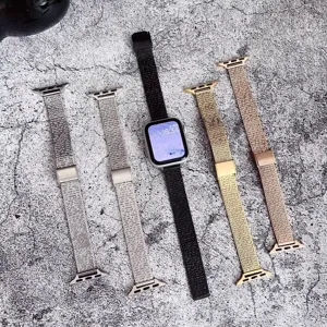 Detailed view of metal mesh replacement watch bands in various colors compatible with smartwatches.