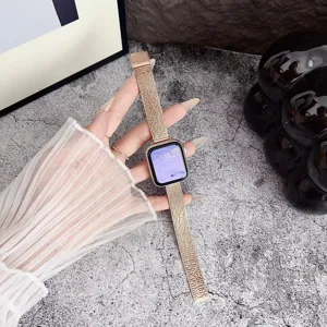 Metal mesh watch band detail view, sleek stainless steel strap compatible with watches.