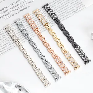 Cinturino per orologio in metallo con strass a foglia di grano accessorio chic e brillante.