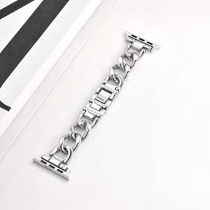 Primo piano dettaglio cinturino orologio in catena di acciaio inossidabile, elegante.