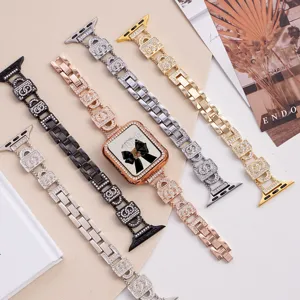 Stainless steel metal rhinestone Apple Watch band detail, luxury designer style link bracelet.