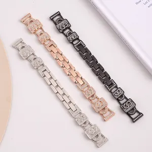 Metal replacement watch strap compatible with Apple Watch, stylish rhinestone lock links.