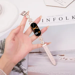 Vervangingsband voor Xiaomi Band, stijlvol roze microvezel en strass-steentjes metalen schakel.