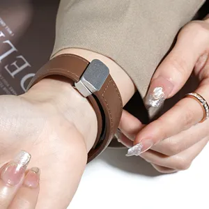 Brown leather magnetic watch strap for apple watch double wrap replacement band accessory
