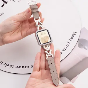 Metal and leather strap compatible with smart watch, stylish V-shaped link design, elegant grey.