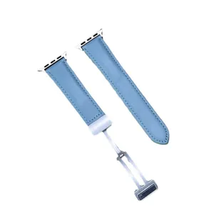 Light blue leather watch band compatible with smartwatches, featuring a durable metal clasp.