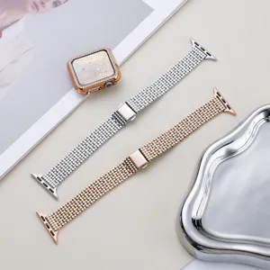 Stainless steel mesh watch band compatible with Apple Watch, sparkling rhinestone case and folding clasp.
