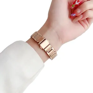 Stainless steel watch strap for women, rose gold three-bead metal folding clasp replacement band.