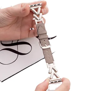 Leather and metal V-shaped strap compatible with Apple Watch, elegant women replacement band.