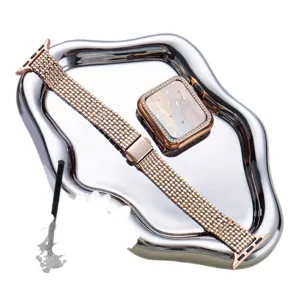 Stainless steel rhinestone watch band and case for Apple Watch, rose gold luxury strap.
