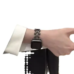 Metal chain strap compatible with Apple Watch, stylish heart link design for women.