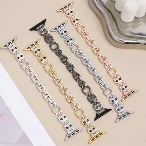 Detailed view of metal panda chain watch strap, rhinestone inlaid links, multi-color options.