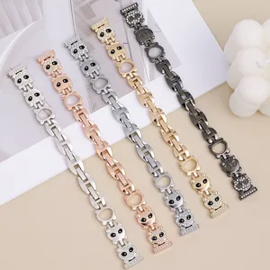 Metal chain strap for Apple Watch, featuring cute rhinestone panda design in multi colors.