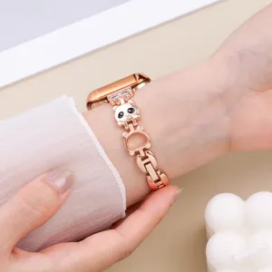 Rose gold metal panda chain strap for Apple Watch, elegant hollow design compatible accessory.