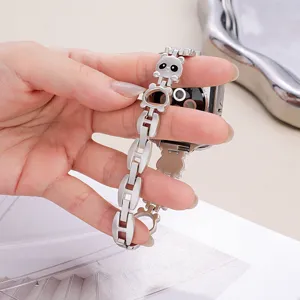 Metal watch band compatible with Apple Watch, featuring cute panda charm and stylish links design.