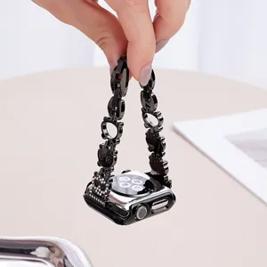 Black metal watch band and case set with cute cat cutout and rhinestones for Apple Watch.