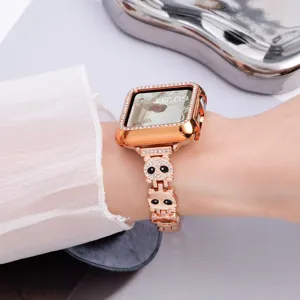 Metal panda watch band for Apple Watch, rose gold rhinestone watch case and stylish chain strap.