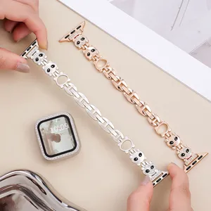 Metal panda watch band compatible with Apple Watch, sparkly rhinestone hollow chain strap accessory.