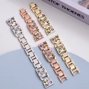 Metal rhinestone watch band for Apple Watch, cute cat design luxury stainless steel strap accessory.