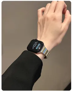 Stainless steel replacement watch band detail for Apple Watch, sleek metal links, elegant style.