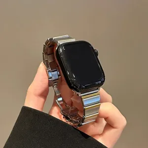 Stainless steel watch band compatible with Apple Watch, butterfly clasp for daily wear