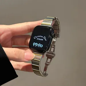 Stainless steel watch band for Apple Watch, elegant metal strap with butterfly buckle.