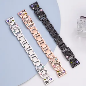 Stainless steel metal watch band for Apple Watch with bling rhinestones and cat design.
