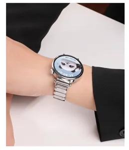 Metal watch strap for smartwatch, silver stainless steel replacement band with secure clasp.