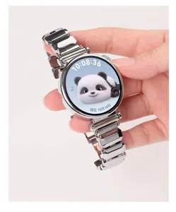 Detail shot of a stylish metal link watch strap with a chic sugar cube design and digital display.