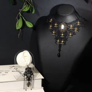 Vintage Gothic Punk Spitze Choker Halskette Set Antik Gold Skull Anhänger Schwarzer Spitzenkragen Für Damen Schmuck
