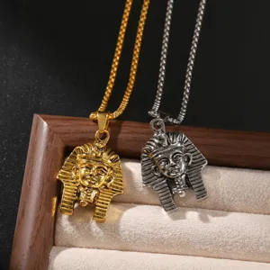 Vintage 3D Pharaoh head pendant necklace in gold and silver, stainless steel retro jewelry men
