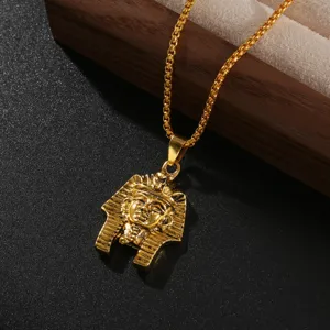Retro 3D Pharaoh Head Pendant Necklace Stainless Steel Gold Men's Vintage Jewelry